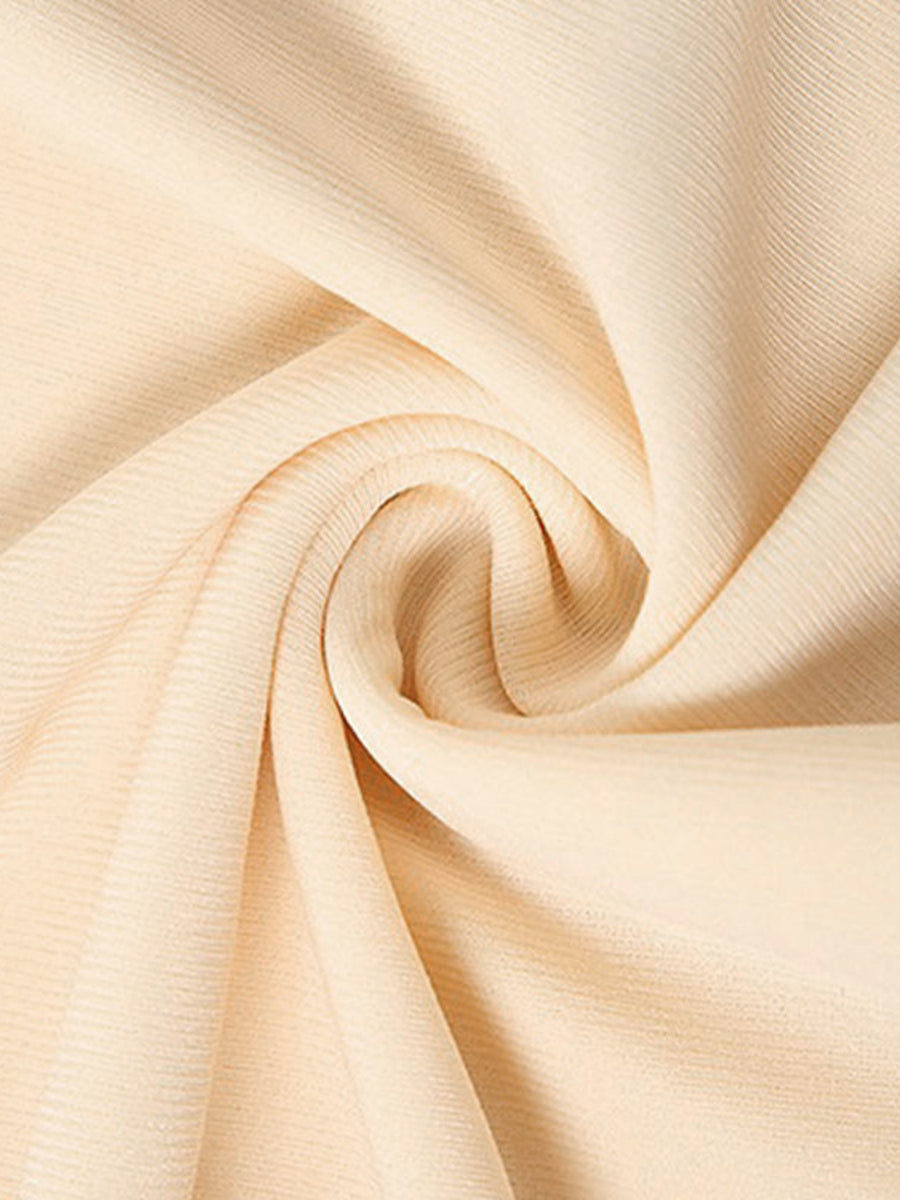 Backless ruffled mini dress in beige fabric with subtle vertical texture