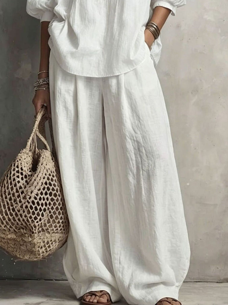 ivory relaxed blouse and wide-leg pants set with notched v-neck
