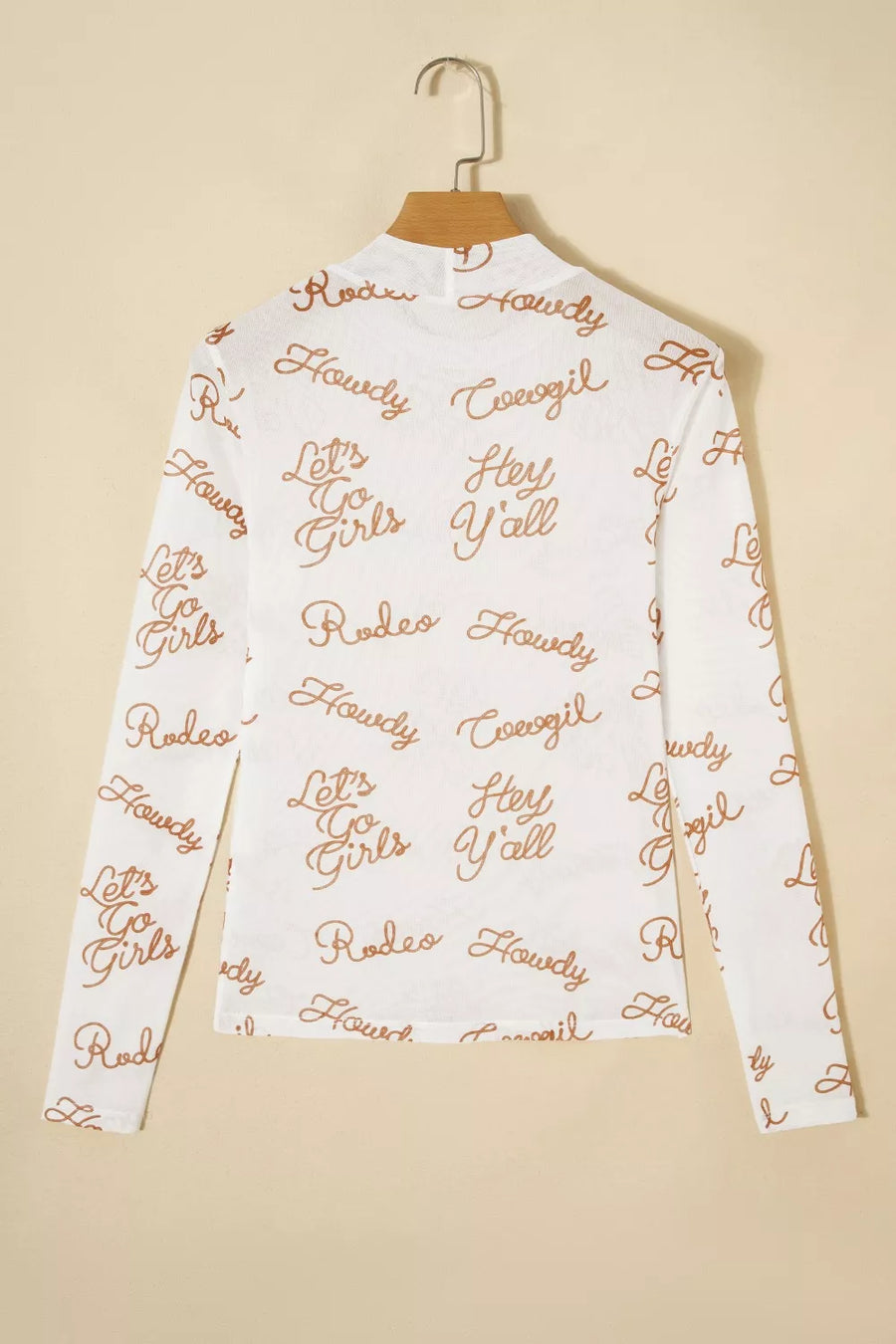White sheer high-neck shirt with allover "Howdy Hey Y'all" text print.