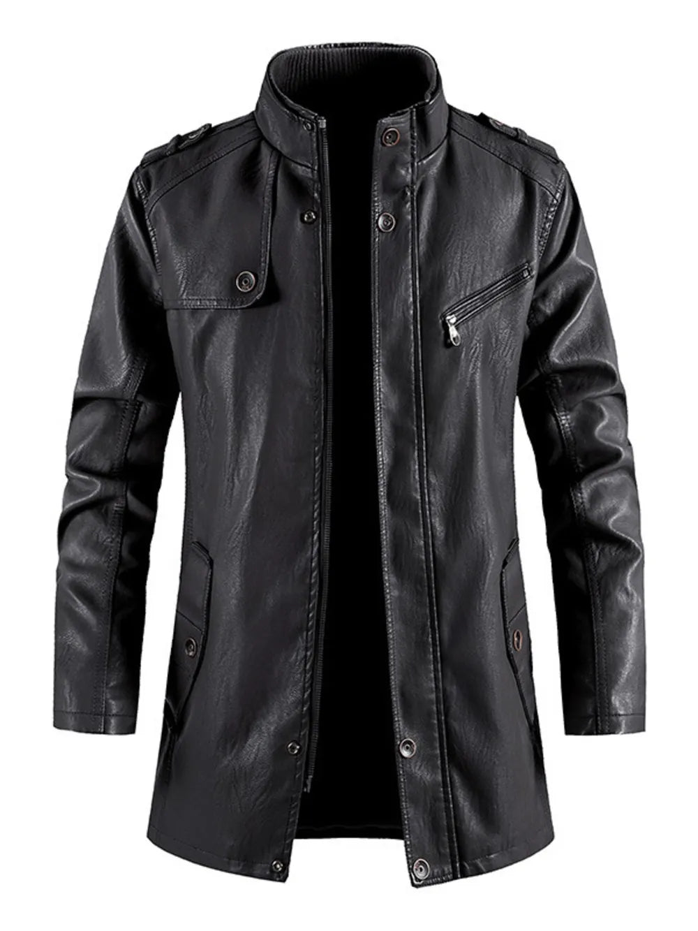 Men's black faux leather zip-up jacket with stand collar and button details.