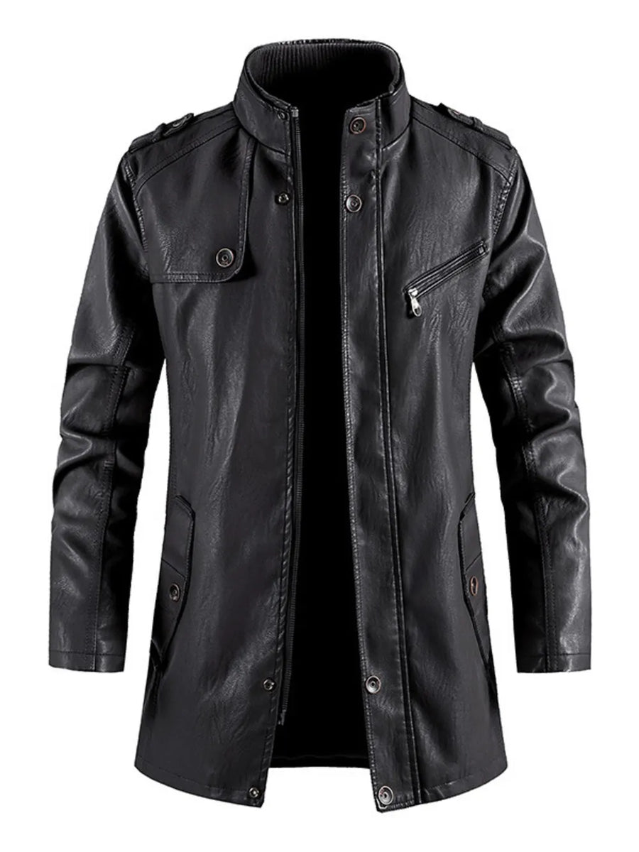 Men's black faux leather zip-up jacket with stand collar and button details.