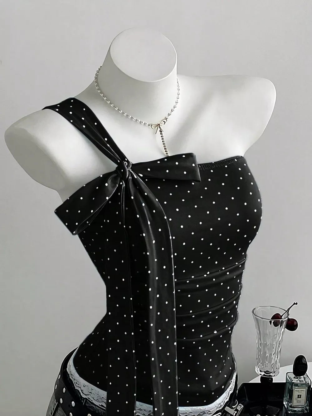Navy Polka Dot One-shoulder Cami