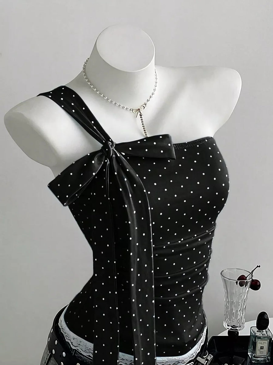 Navy Polka Dot One-shoulder Cami