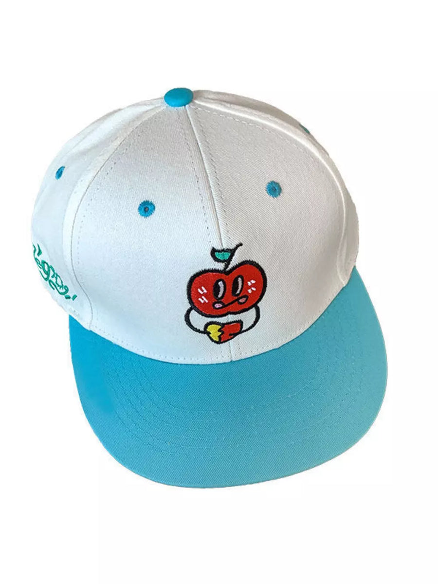 White baseball cap with pastel blue brim and embroidered apple graphic.