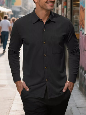 Navy Blue Men's Full Size Casual Button Up Long Sleeve Shirt