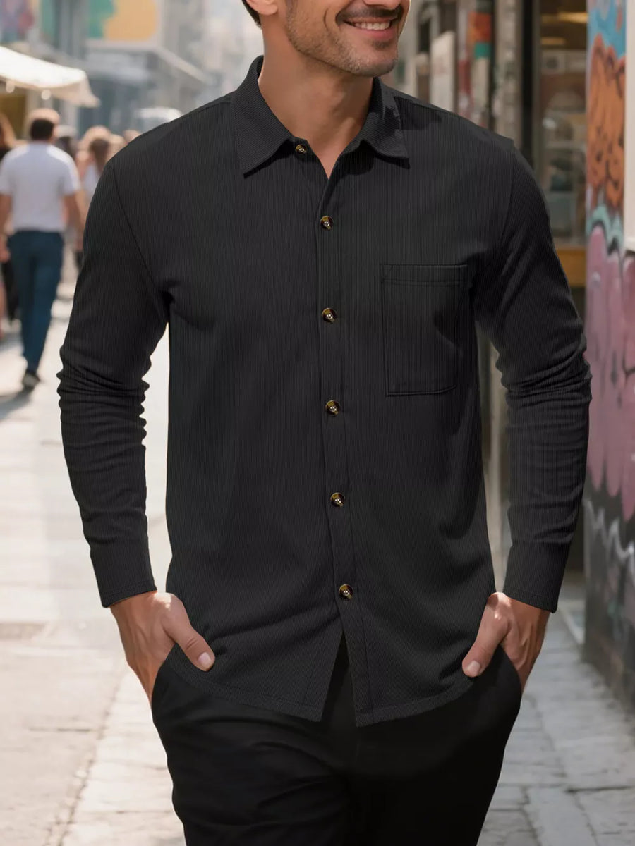 Navy Blue Men's Full Size Casual Button Up Long Sleeve Shirt