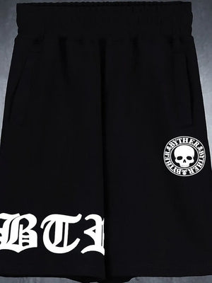 Black Gothic Script Graphic Shorts with skull logo detail