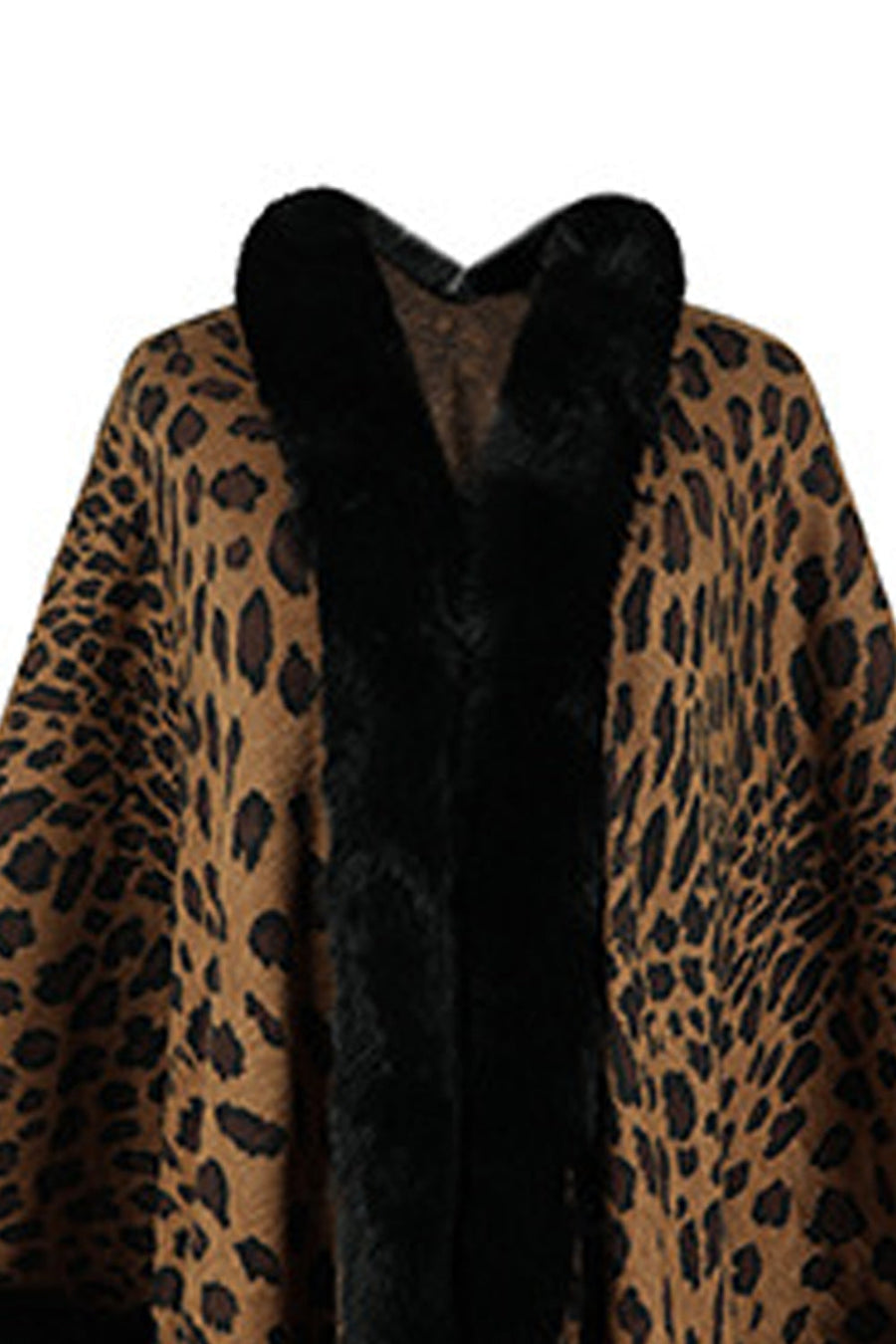 Leopard print cape with black faux fur trim and collar.