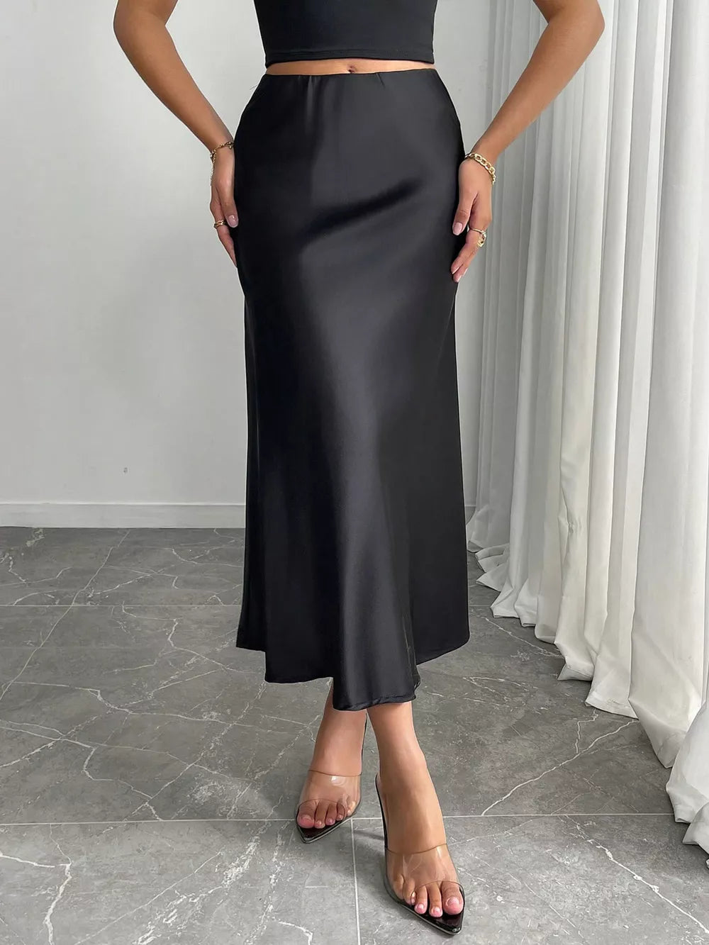 Dark Gray Satin Midi Skirt