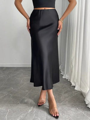 Dark Gray Satin Midi Skirt