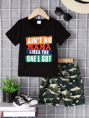 Black graphic tee with "Ain't No Mama Likea The One I Got" text and camo shorts set.