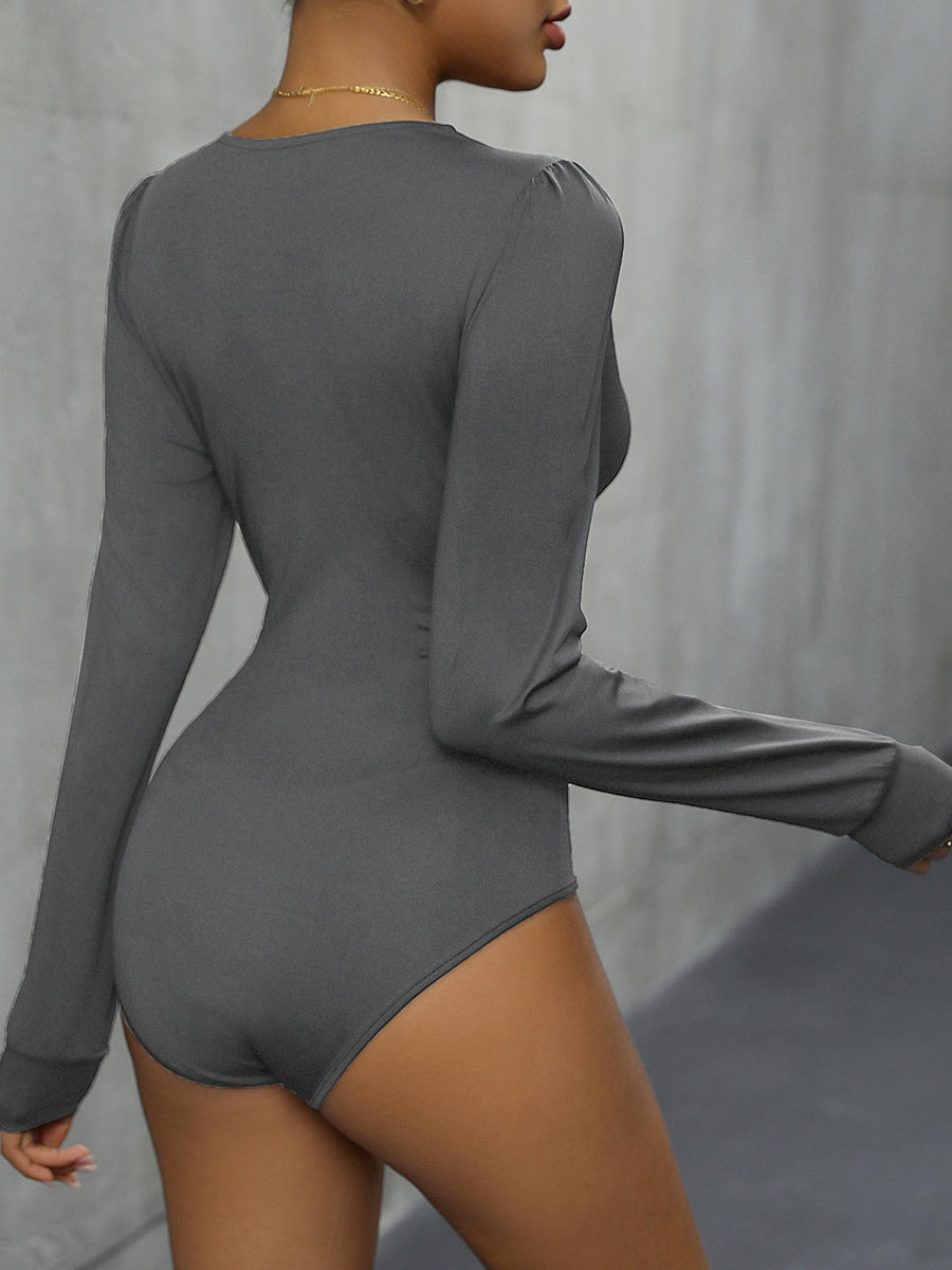 Dark Gray long sleeve bodysuit with puffed shoulders and lace trim detail.