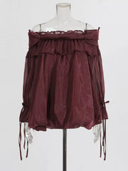 Burgundy off-shoulder ruffled maternity blouse with tie sleeves