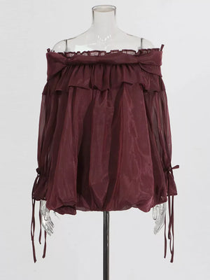 Burgundy off-shoulder ruffled maternity blouse with tie sleeves