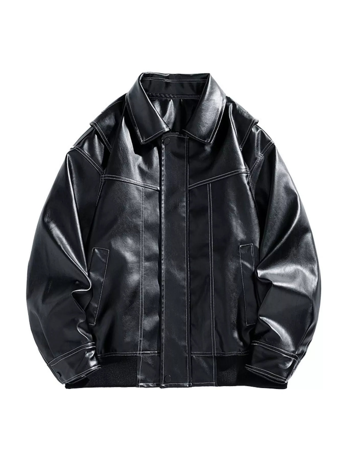 Black oversized leather bomber jacket with white contrast stitching and zip-up front.