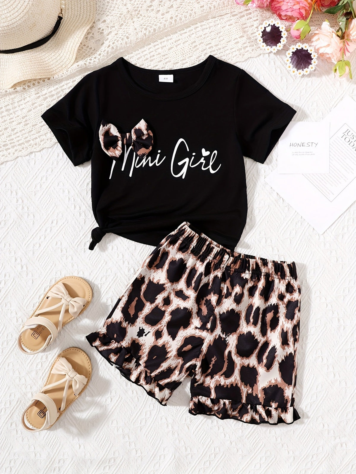 Black mini girl tee with bow accent and leopard print shorts set