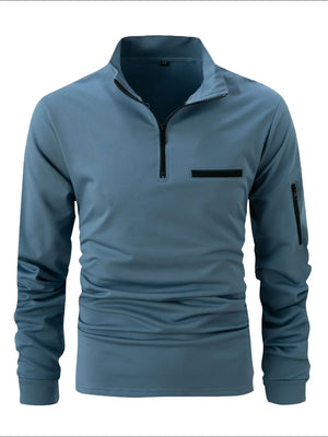 French Blue mock neck zip-up sweatshirt with welt pocket and zip sleeve pocket.