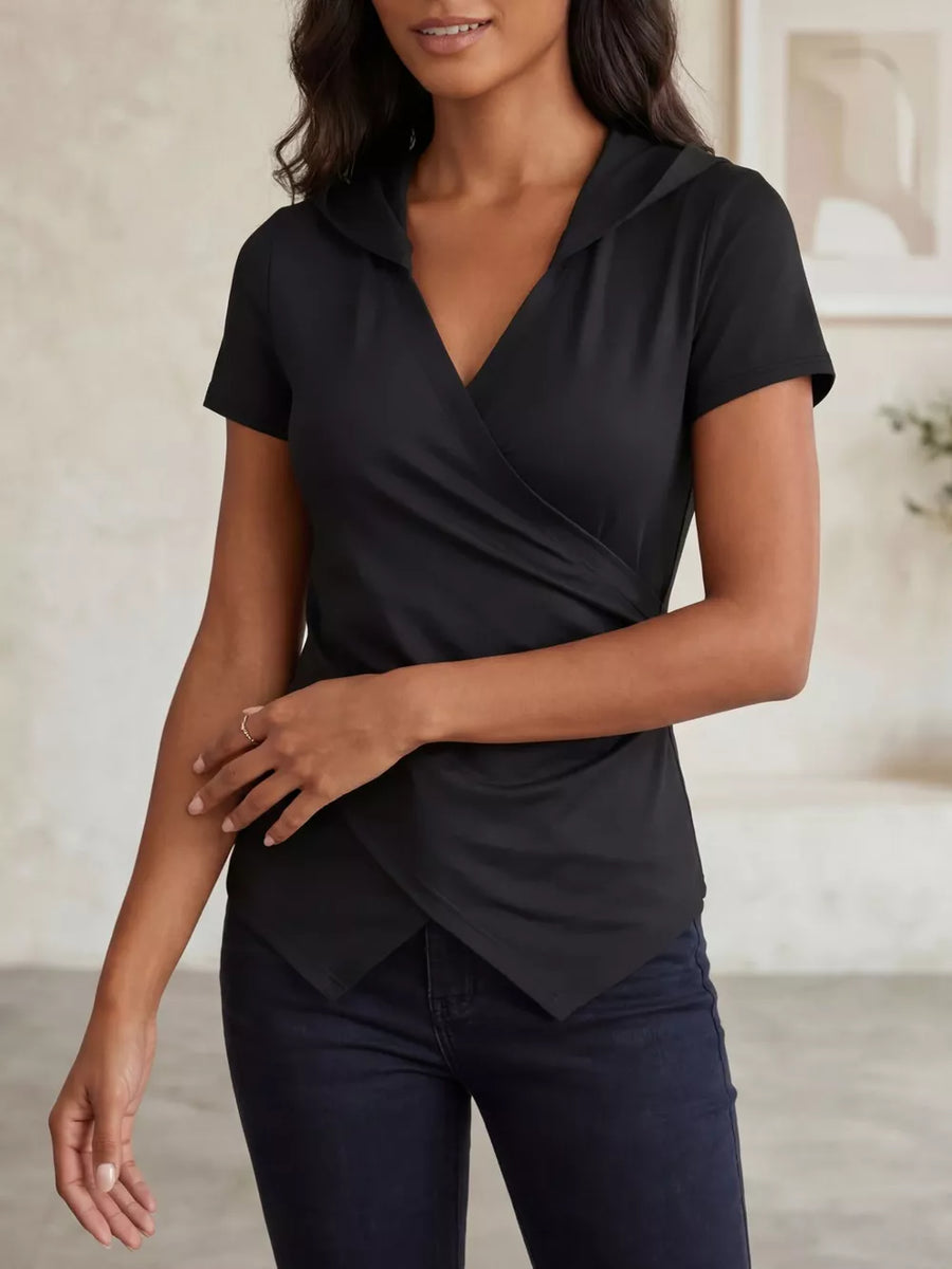 Black ruched hooded maternity t-shirt with short sleeves and a wrap-style neckline.