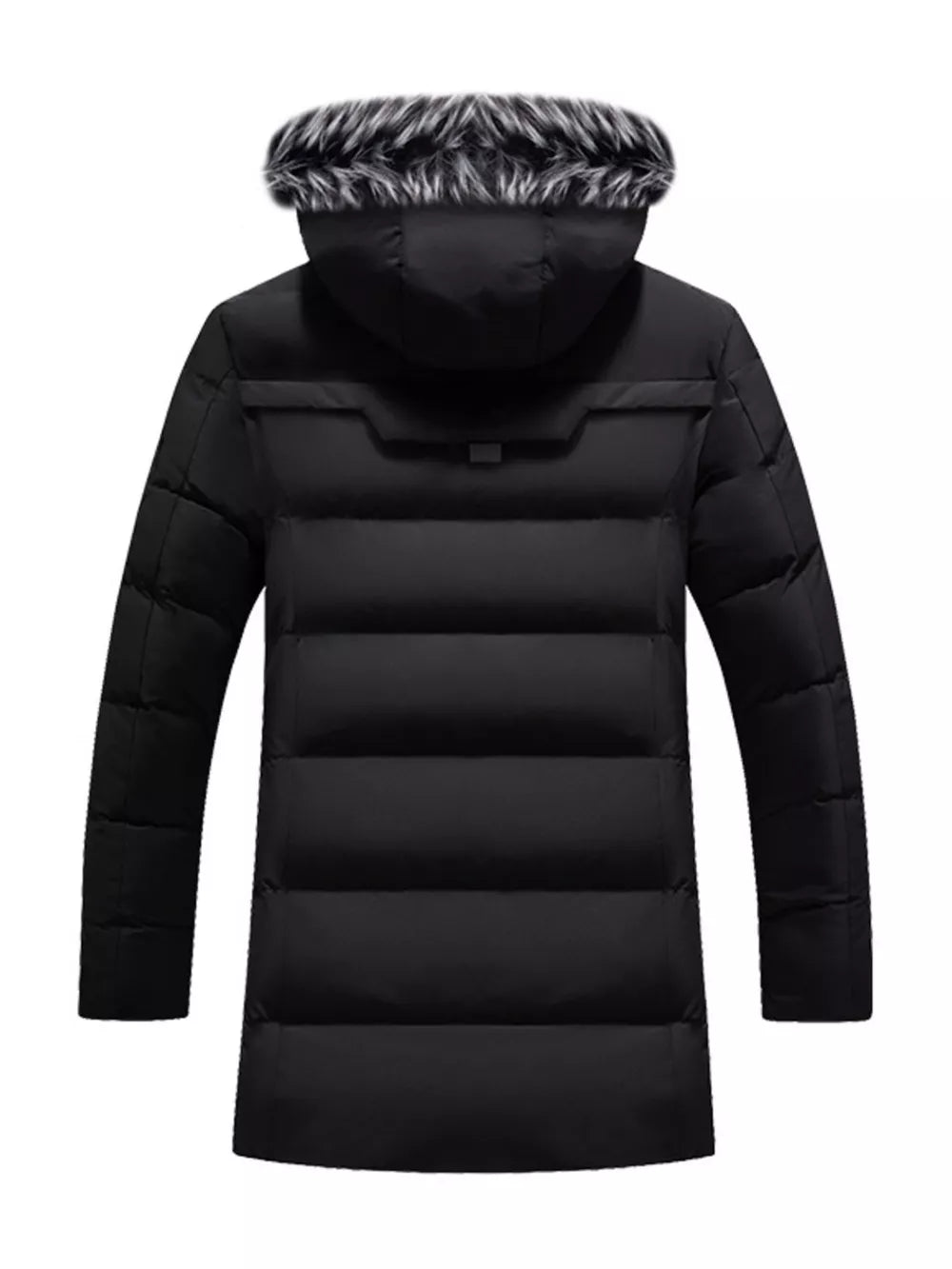 Men's black longline padded coat with faux fur trim hood and horizontal quilting.