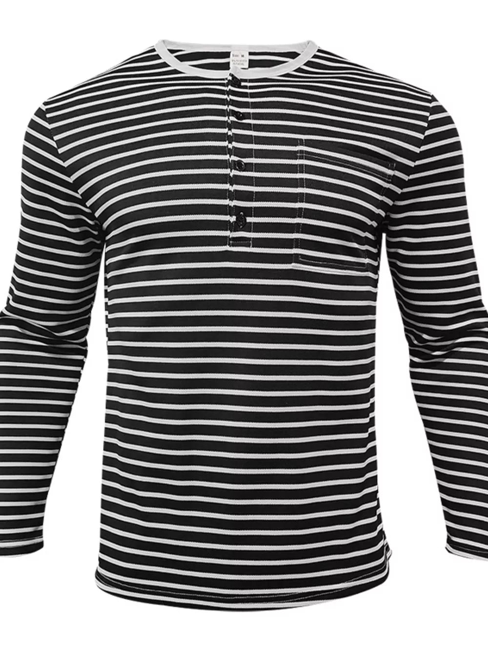 Black Men's Full Size Striped Long Sleeve Henley T-shirt