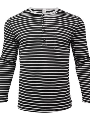Black Men's Full Size Striped Long Sleeve Henley T-shirt