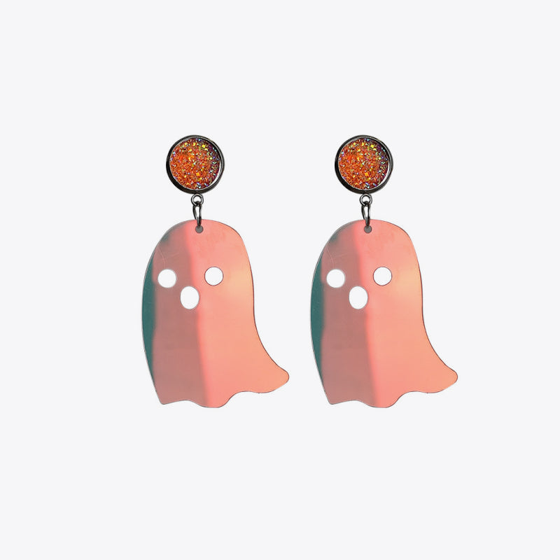 Ghostly iridescent acrylic dangle earrings with orange glitter studs