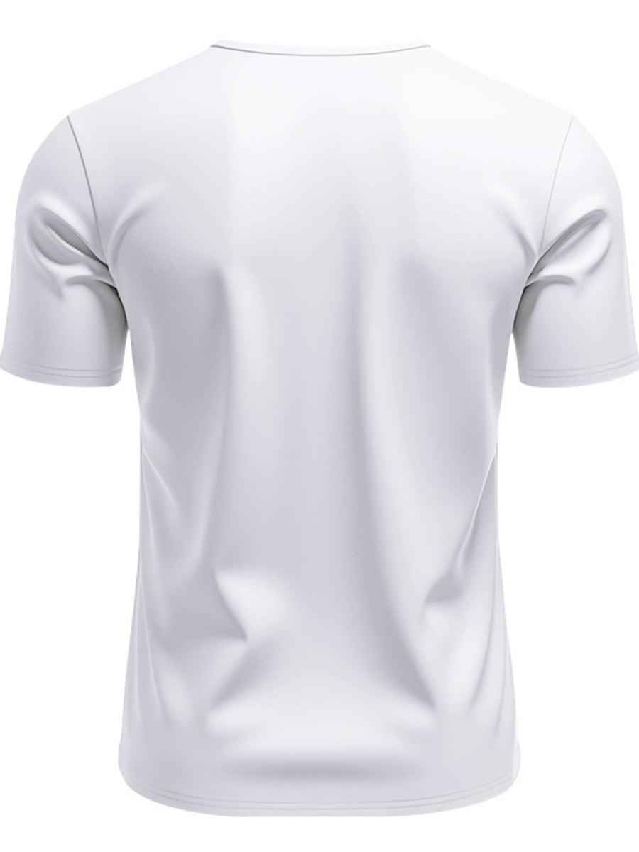 White V-neck tee with short sleeves and a notched collar detail.