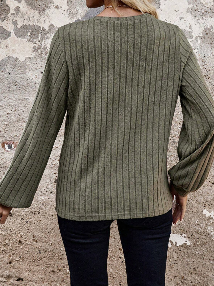 Army green ribbed knit long sleeve top with a subtle vertical stripe detail.