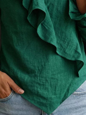 Full Size Ruffled Long Sleeve Blouse Plus Size in Dark Green with ruffled