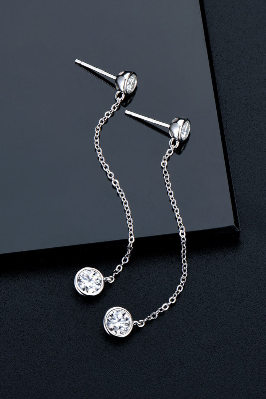 Silver chain drop earrings with bezel-set cubic zirconia charms