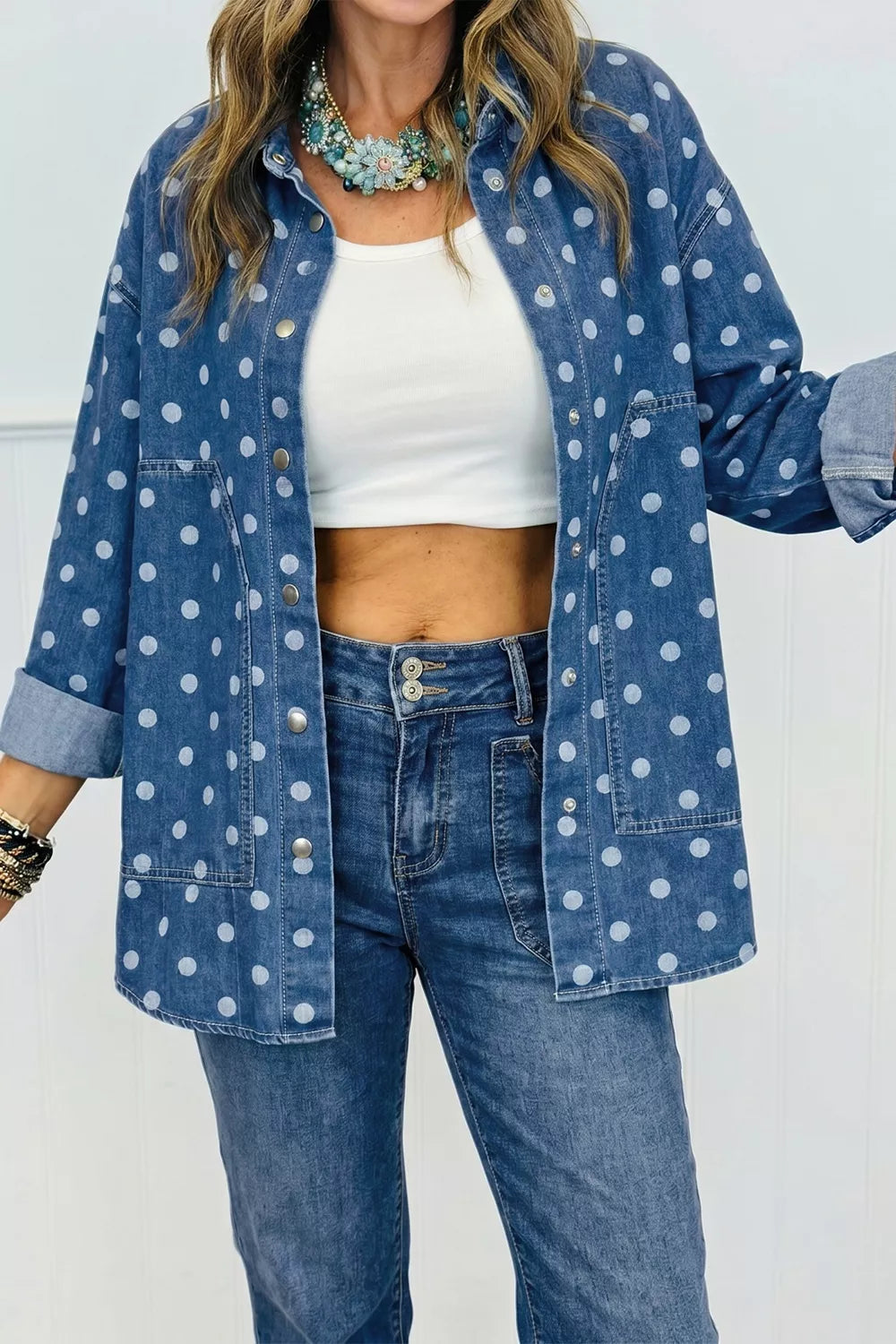 Dusty Blue Polka Dot Long Sleeve Collar Shift Tunic Denim Jacket