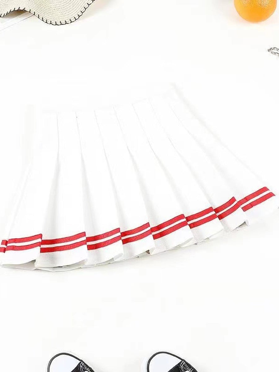 Polyester, acetate, and spandex pleated skirt in White And Blue - Striped With Built-in Shorts with A-line silhouette