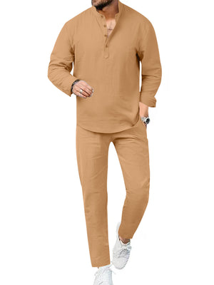 Men's tan linen henley shirt and pants set, long sleeve, band collar, button placket.