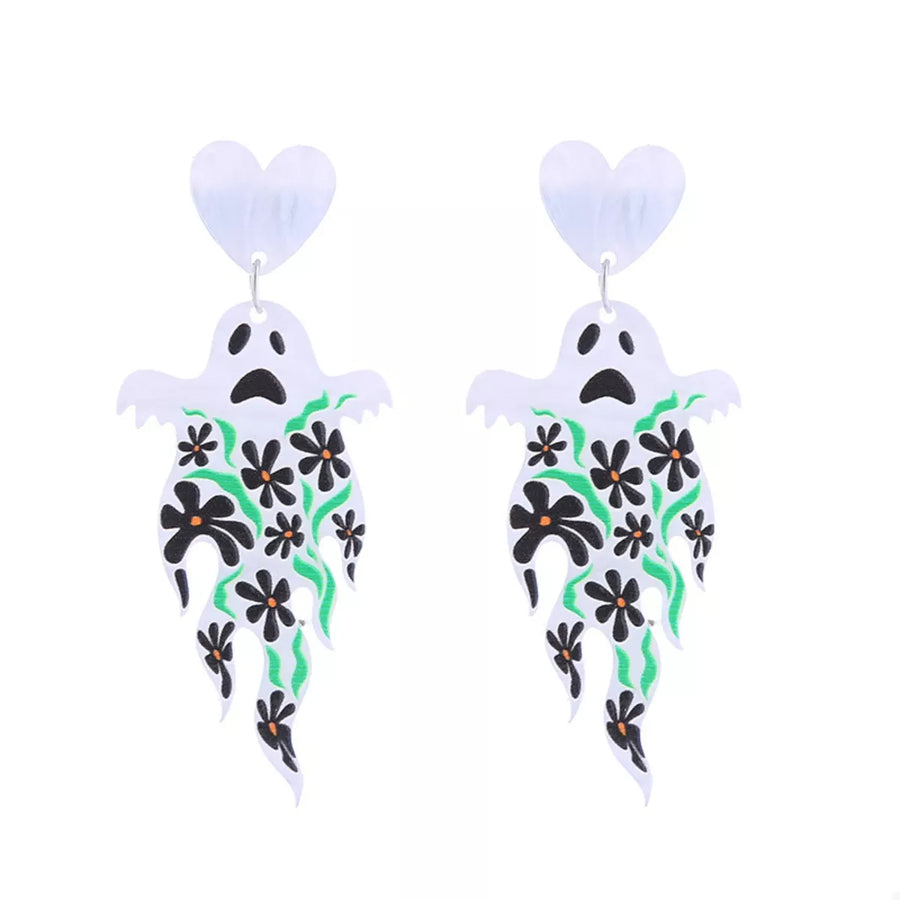 Spooky ghost dangle earrings with black flowers and green vines, acrylic material.
