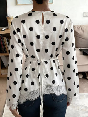 blouse in White with polka dot and lace detail