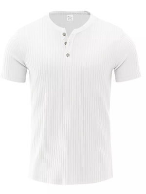 White ribbed henley t-shirt with short sleeves and button placket.