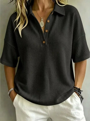 White Full Size Waffle Knit Polo Top Plus Size