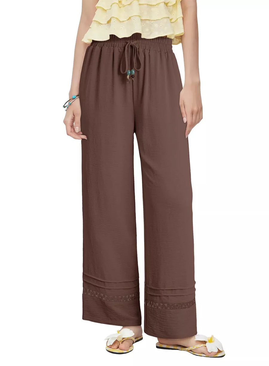 Brown wide-leg maternity pants with drawstring and lace trim detail