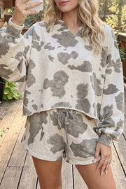 cream lounge set with cow-print and v-neck