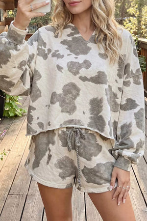 cream lounge set with cow-print and v-neck