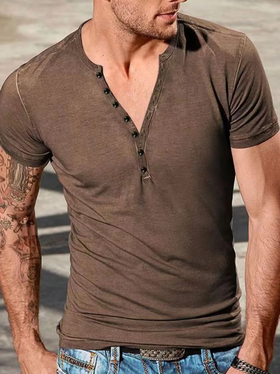 Men's brown slub cotton henley tee with button placket and short sleeves.