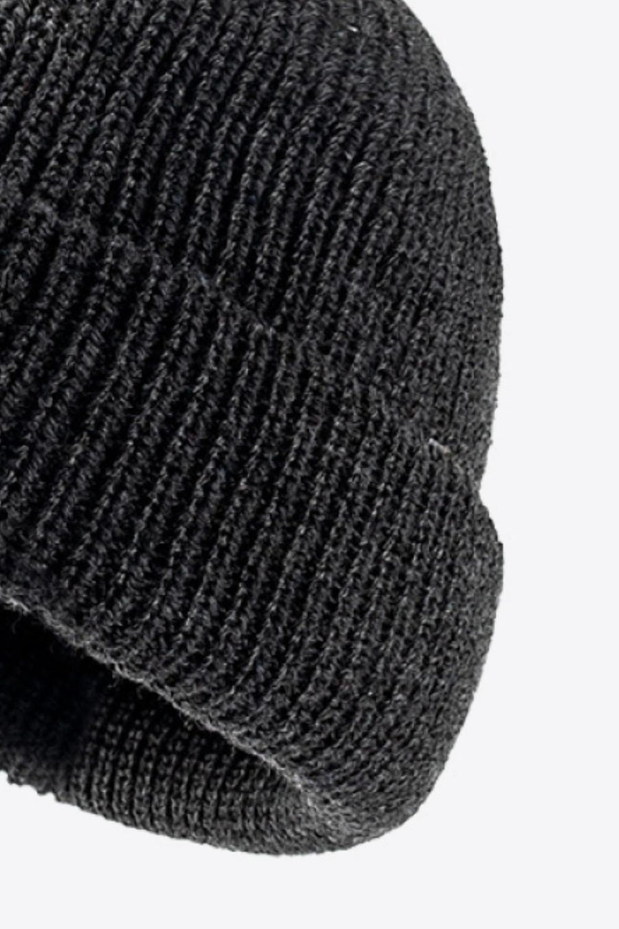 Black ribbed knit beanie with folded edge detail