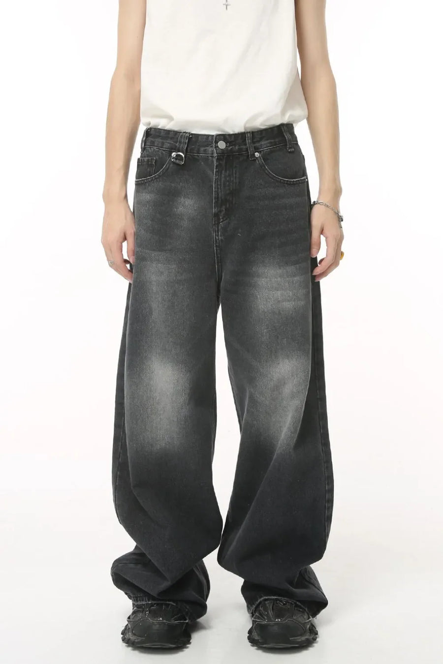 Oversized wash denim jeans in charcoal grey with a baggy fit.