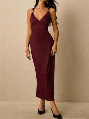 Burgundy ribbed midi dress with V-neck and gold detail straps.