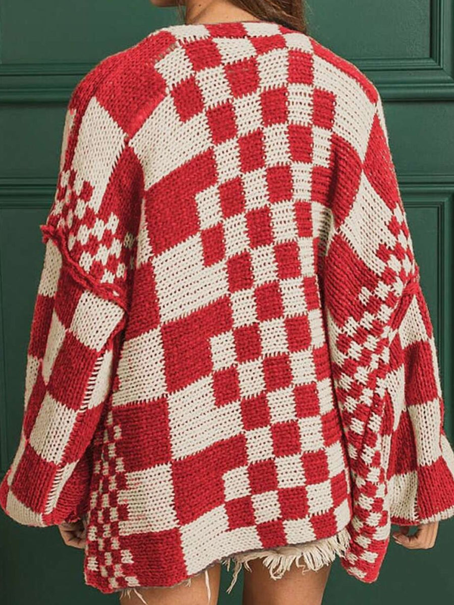 Chic checkered acrylic cardigan in Deep Red and beige with balloon sleeves.
