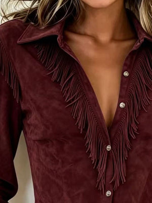 Maroon suede fringe collared button-up shirt