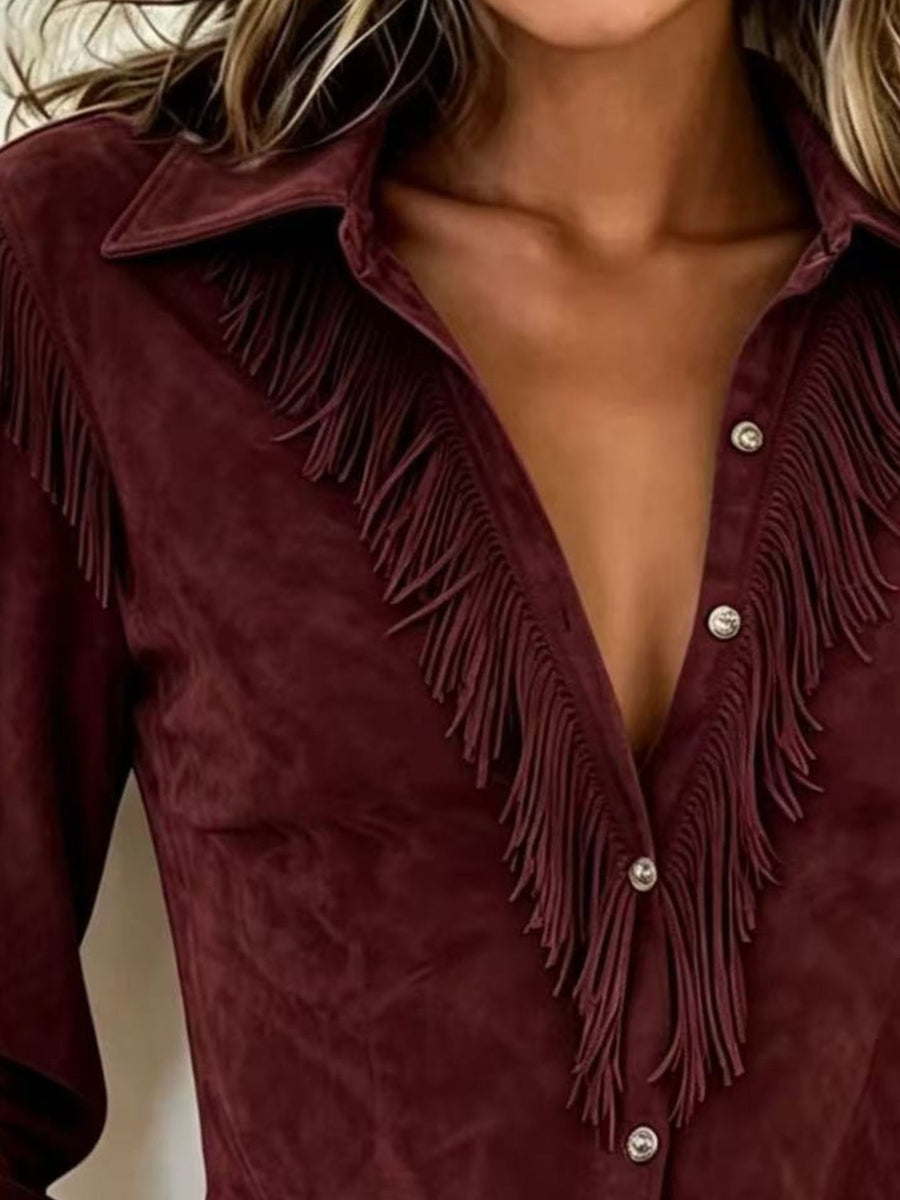 Maroon suede fringe collared button-up shirt