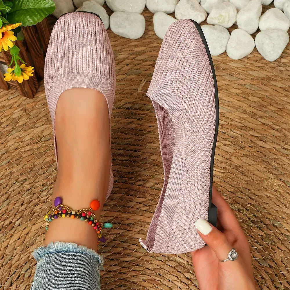 Knit square toe flats in blush pink with a flexible, comfortable fit.
