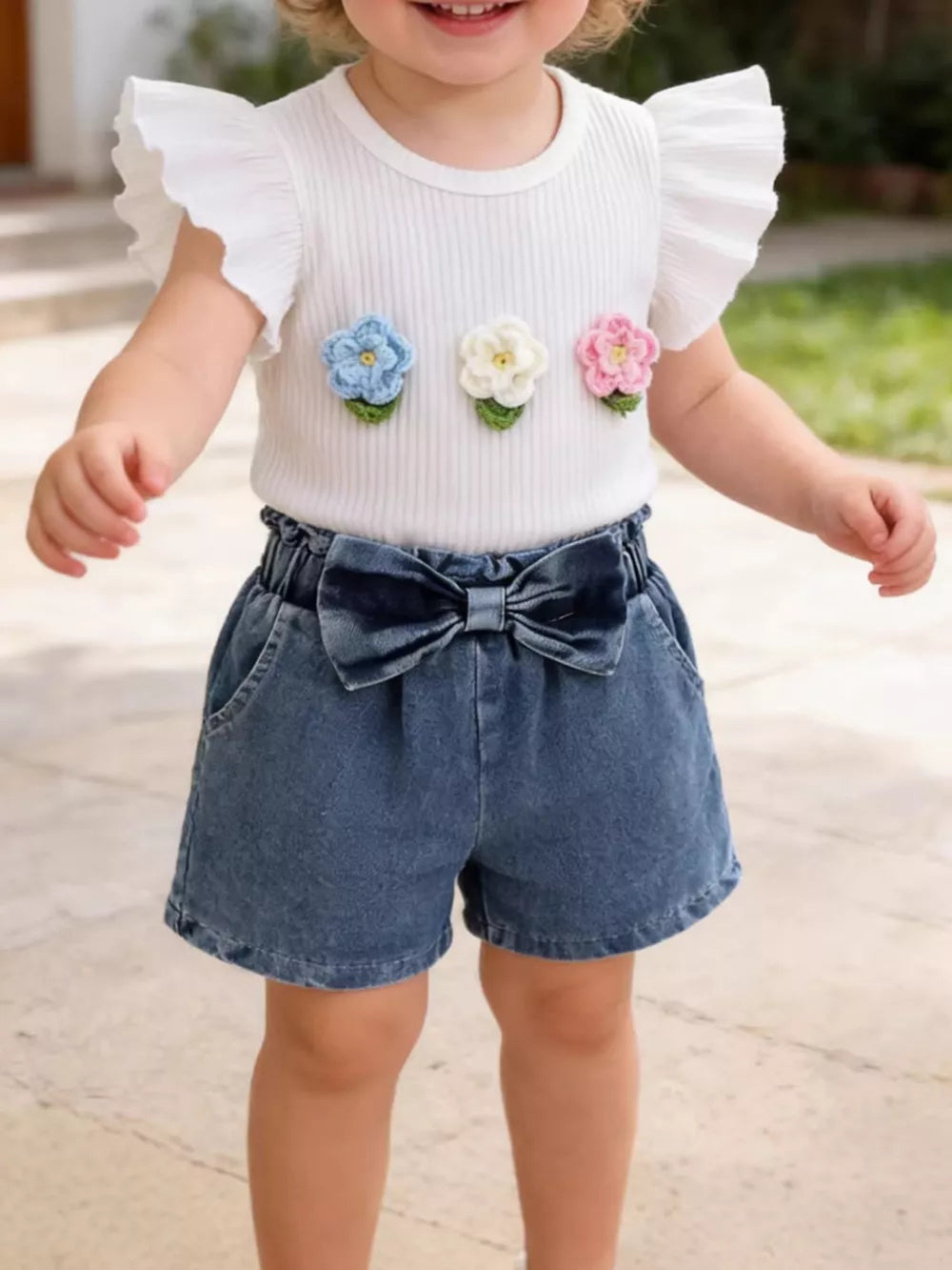 White Children's Ruffled Flower Top And Denim Shorts Set