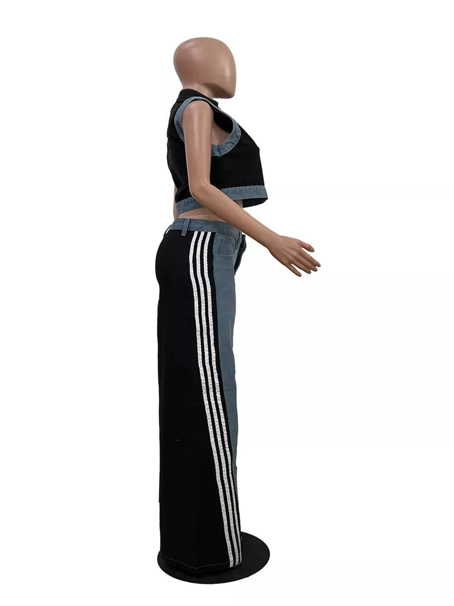 Chic zip-front crop top and wide-leg pants set in black and light blue with triple side stripes.